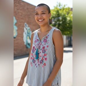 Savannah Jane Striped Sleeveless Tank with Floral Embroidery